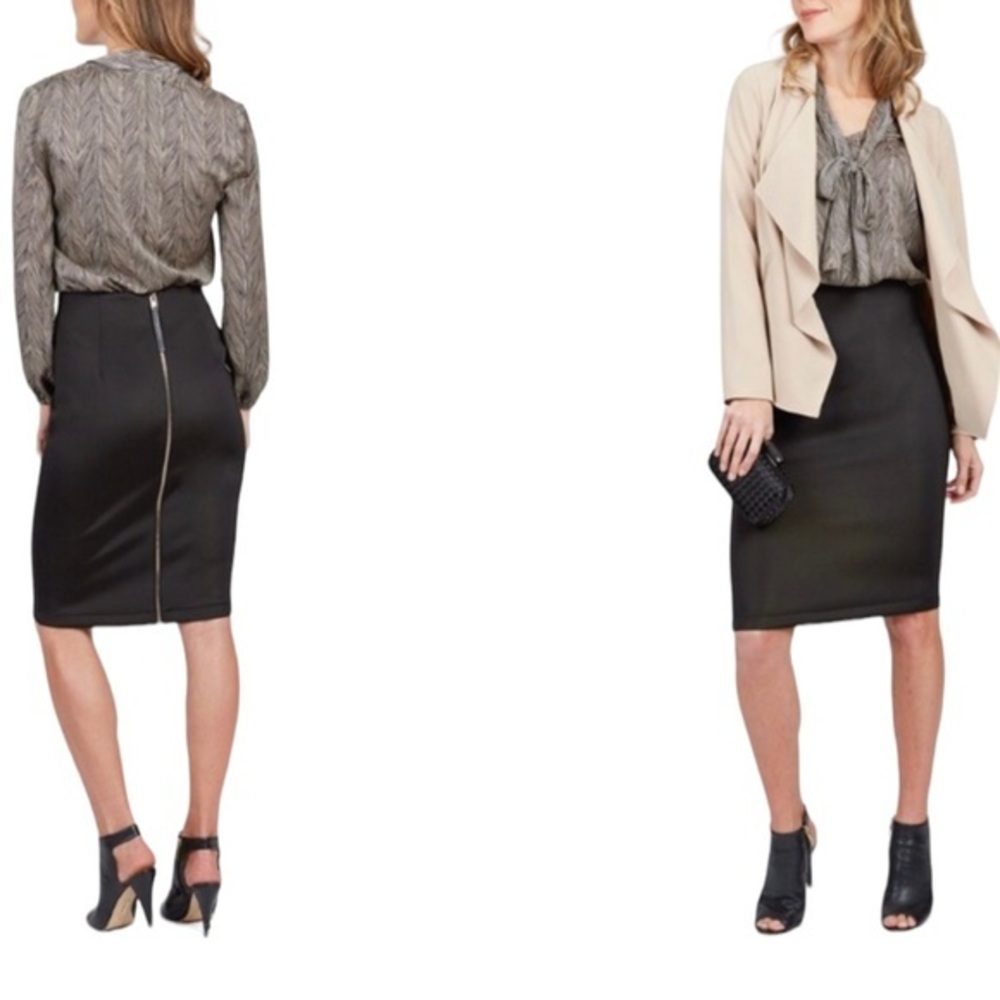 Catherine Malandrino sz 4 black stretch knit pencil skirt gold exposed zip back